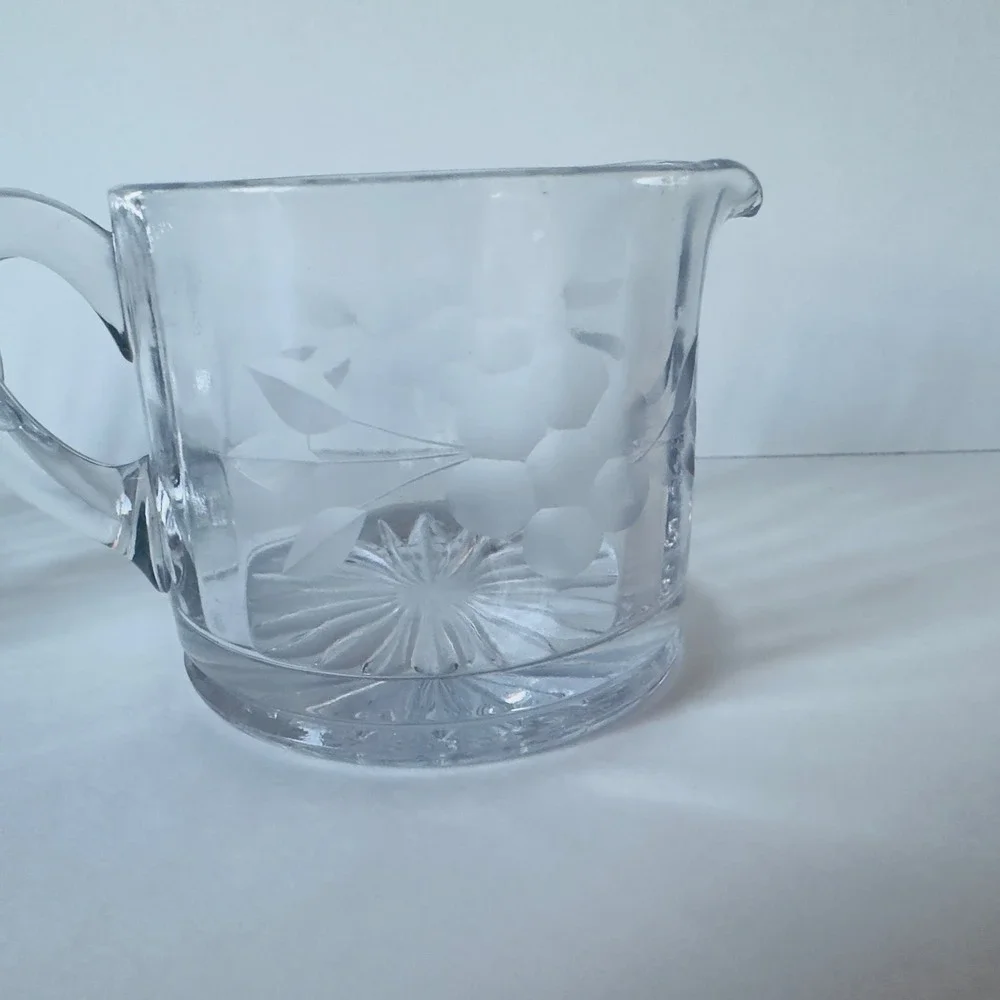 Vintage Clear Etched Glass Cream and Sugar Set Frosted Grape Starburst Base